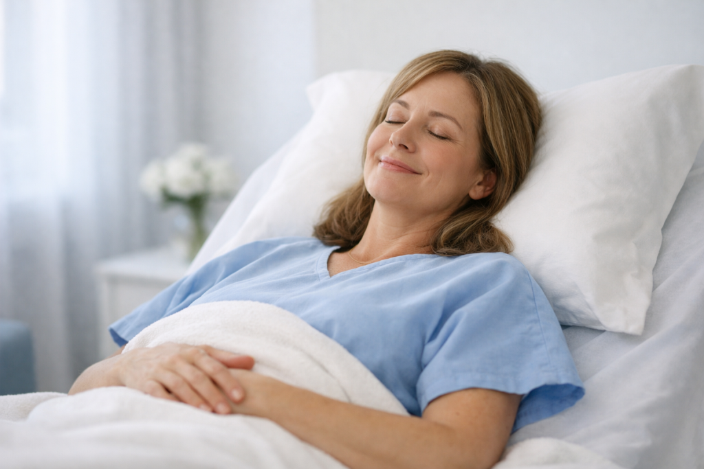 A patient resting comfortably at home with a glass of water after shockwave lithotripsy.