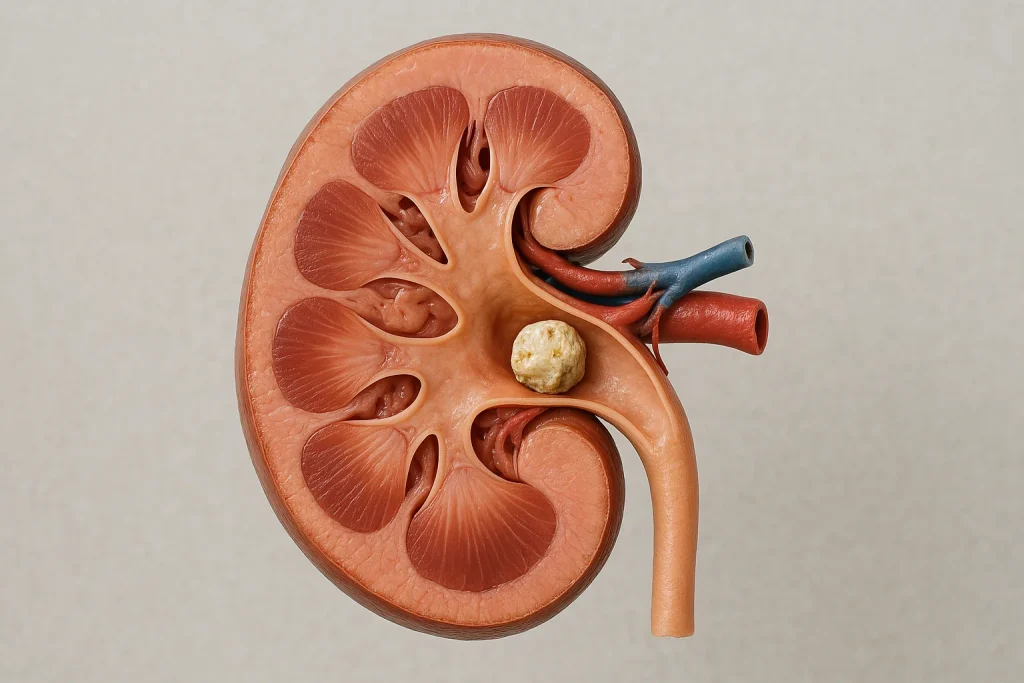 Diagram showing the formation of kidney stones in the urinary tract.