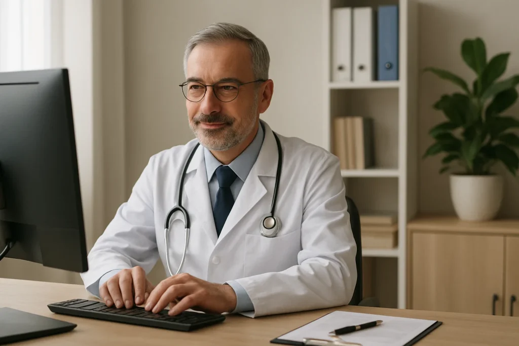 A doctor explaining kidney stone prevention and healthy lifestyle habits to a patient.